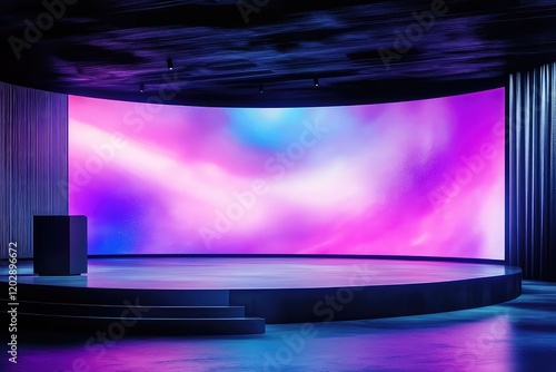 Large LED screen mockup displayed on a stage with a podium, ready for a professional presentation.
