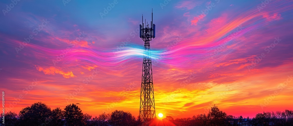 Fototapeta premium Vibrant Sunset Over a Telecommunications Tower with Colorful Sky and Clouds