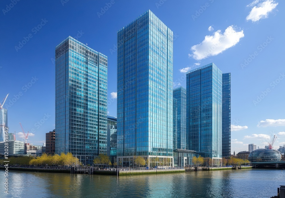 Modern Glass Buildings by Water with Reflective Surfaces Under a Clear Blue Sky and Bright Clouds in a Thriving Urban Environment Modern Glass Buildings by Water with Reflective Surfaces Under a Clear Blue Sky and Bright Clouds in a Thriving Urban Environment