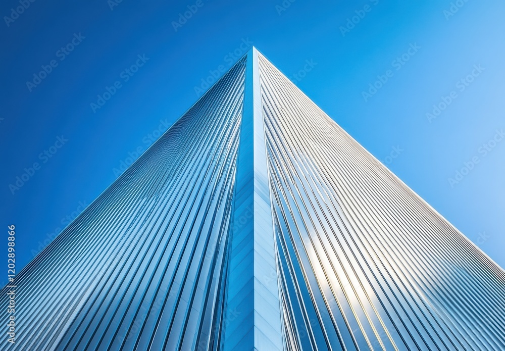 Modern Glass Skyscraper with Sharp Angles Against a Clear Blue Sky, Showcasing Architectural Excellence and Urban Design Elements in a Contemporary Setting Modern Glass Skyscraper with Sharp Angles Against a Clear Blue Sky, Showcasing Architectural Excellence and Urban Design Elements in a Contemporary Setting
