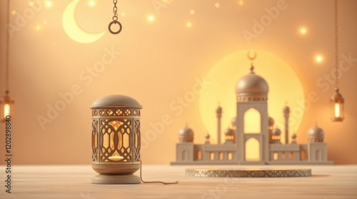 Ramadan Kareem background, 3D rendered, warm golden glow. Sculptural clay art style features an ornate Arabic lantern, metal moon, and mosque portal.