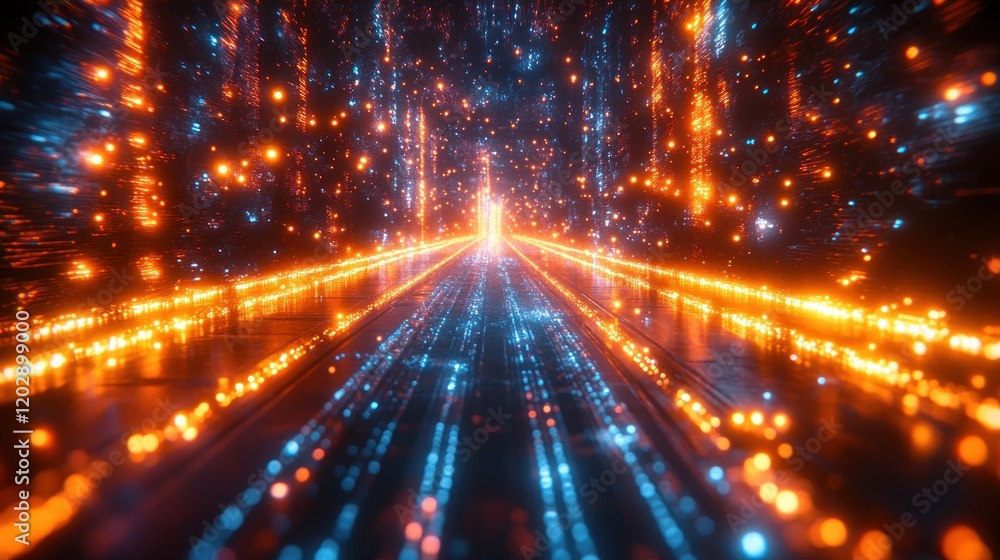Fototapeta premium Futuristic digital corridor filled with glowing blue and orange lights leading to a bright exit