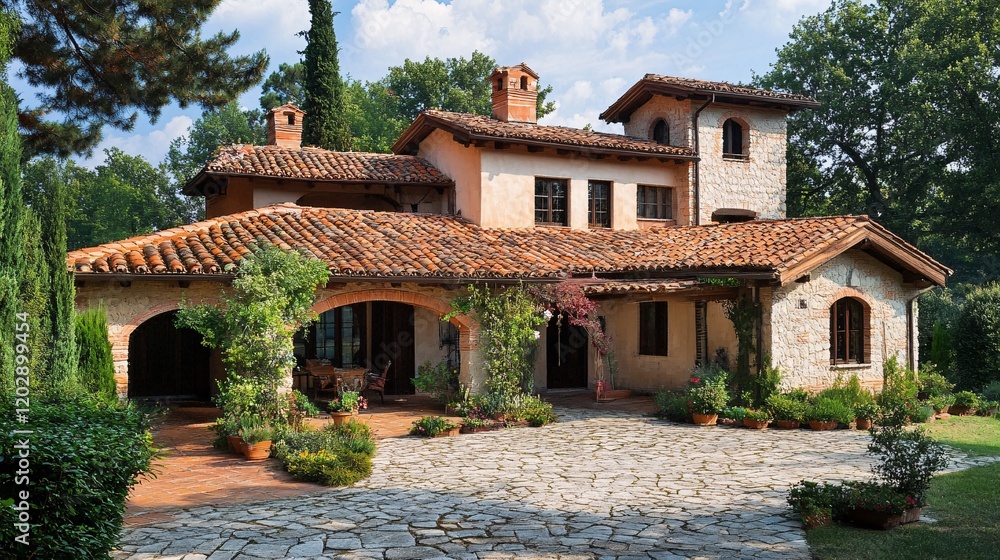 Obraz premium Tuscan Villa with Stone Patio and Lush Greenery