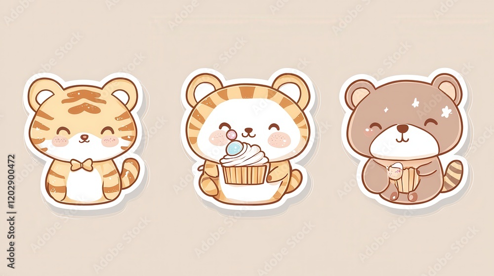 Naklejka premium Adorable Kawaii Animal Stickers: Tigers and Bear Enjoying Sweet Treats