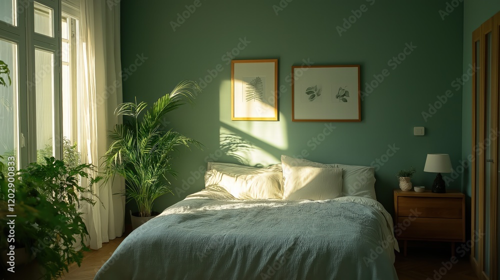 Fototapeta premium A bedroom with a bed, a lamp, and a plant