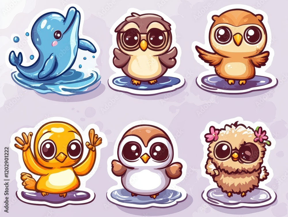 Fototapeta premium Adorable Cartoon Animals Collection: Six Cute Stickers Featuring a Dolphin, Owls, and Birds