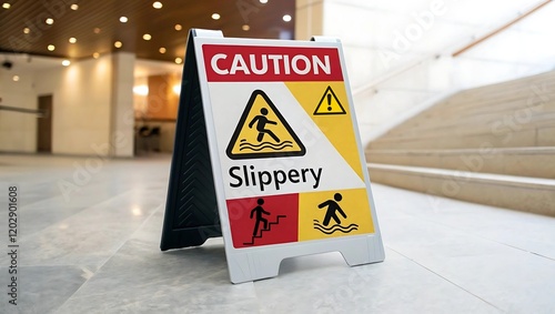 Caution Slippery Floor Sign in Public Hallway, Safety Warning for Wet Floors, Workplace Hazard Prevention, Cleaning in Progress, Public Area Accident Awareness