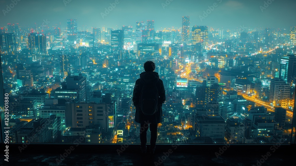 Night Cityscape: A Solitary Figure Contemplates the Urban Glow Night Cityscape: A Solitary Figure Contemplates the Urban Glow