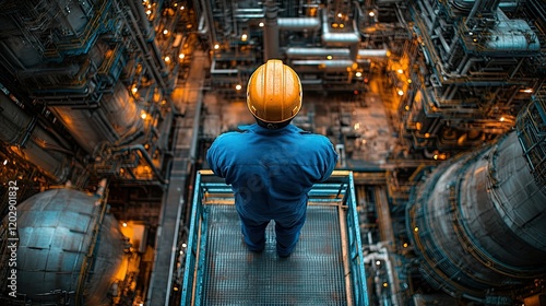 A worker in a helmet overlooks an industrial facility, emphasizing safety and oversight in operations.