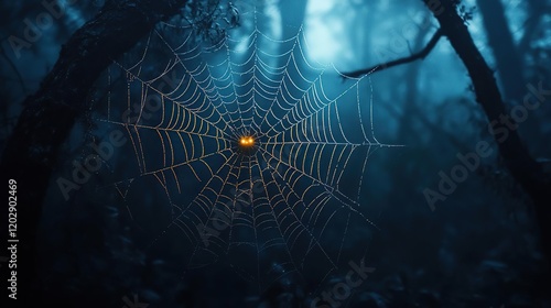 arafed spider web with a glowing yellow light in the middle of it photo