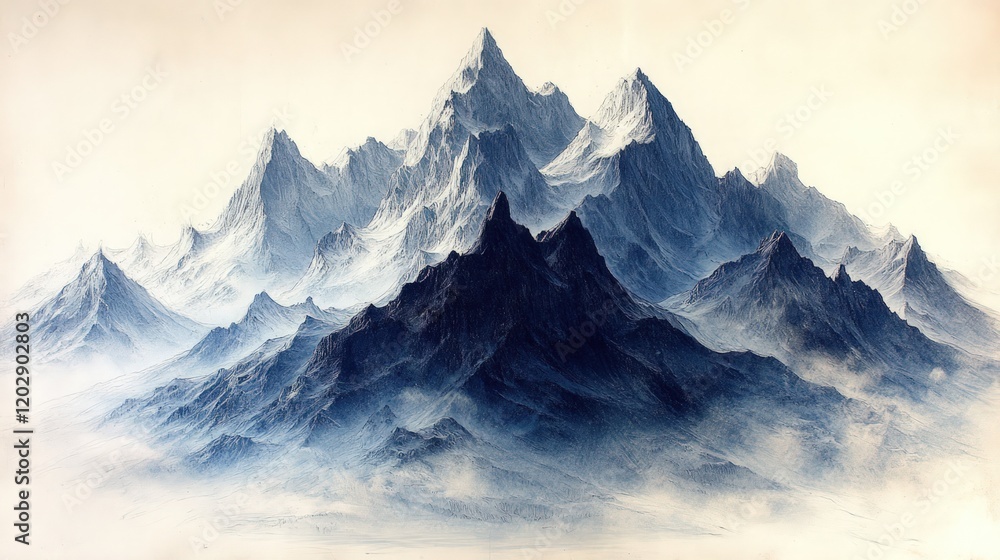 Fototapeta premium Majestic, snow-capped mountains; hazy, blue hues.
