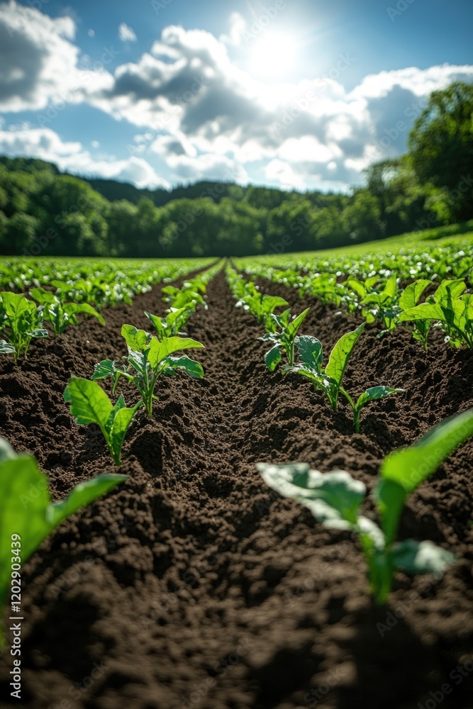 Rows of young plants in fertile soil. Rows of young plants in fertile soil.