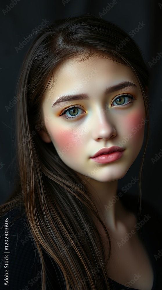 Obraz premium Portrait of a young Caucasian woman with striking blue eyes and soft makeup, set against a dark background.
