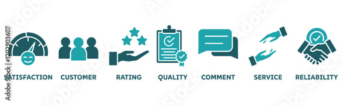 Feedback icon set illustration concept with icon of satisfaction, customer, rating, quality, comment, service, reliability