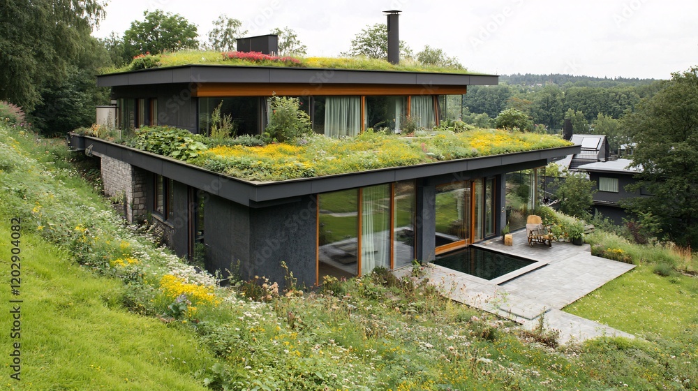 Modern Green Roof House with Pool and Lush Landscape Modern Green Roof House with Pool and Lush Landscape