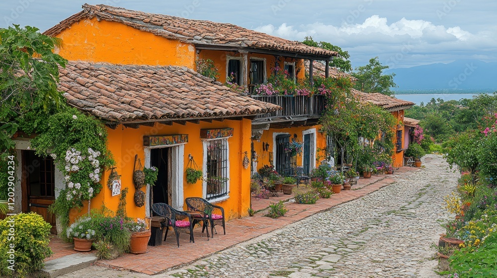 Obraz premium Colorful colonial street, hillside town, flowers, ocean view, travel destination