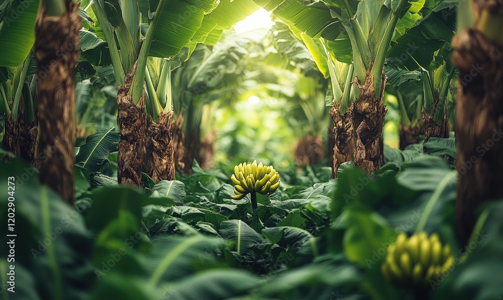 Obraz premium Lush banana plantation, green leaves, young bananas.