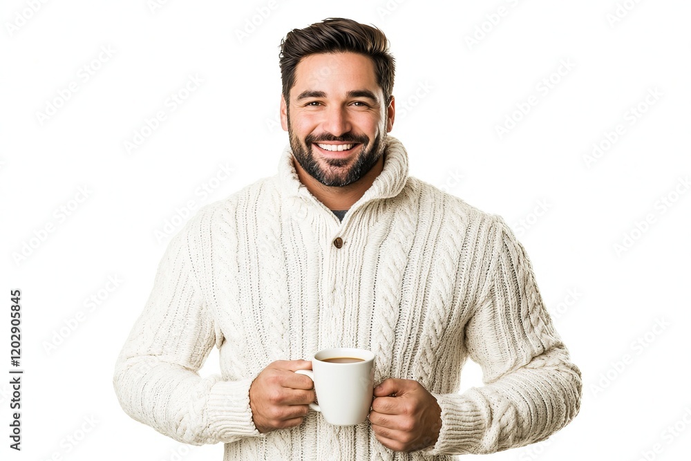 A smiling man in a cozy sweater holds a cup of coffee, exuding warmth and comfort. A smiling man in a cozy sweater holds a cup of coffee, exuding warmth and comfort.