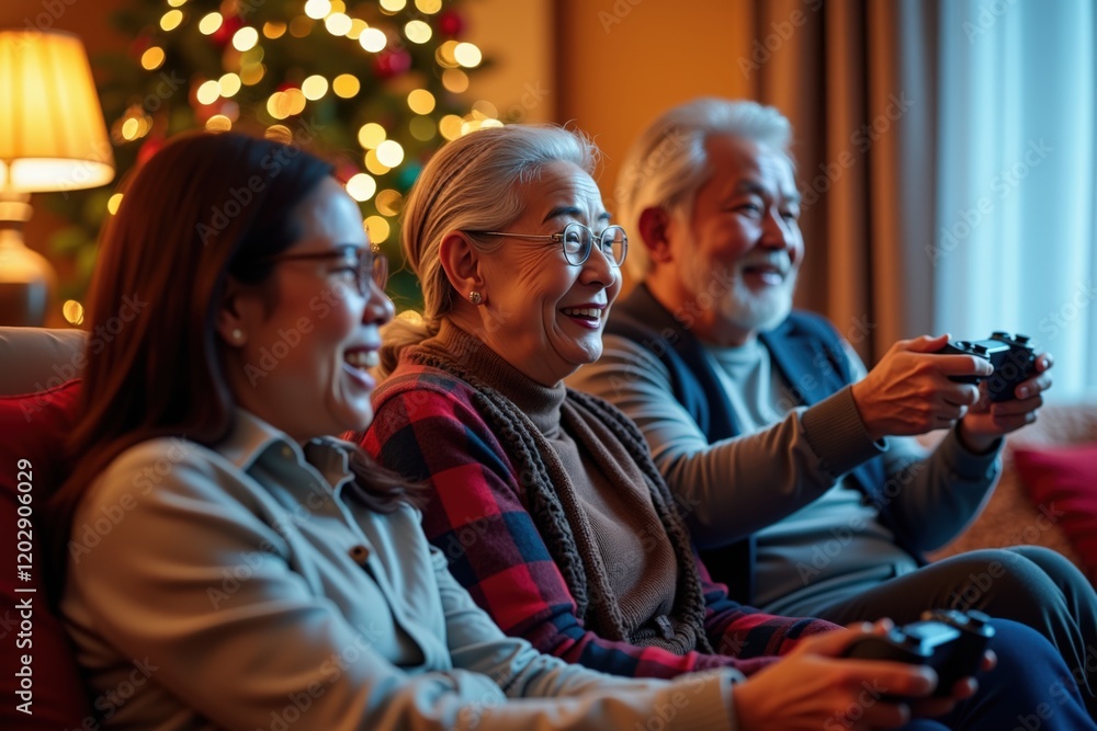 Obraz premium Family Bonding through Gaming: Holiday Joy and Togetherness Captured in a Cozy Living Room Setting with Controllers in Hand