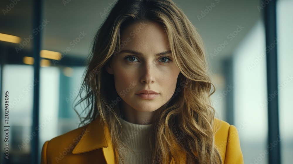 Woman with long blonde hair wearing a yellow coat Woman with long blonde hair wearing a yellow coat
