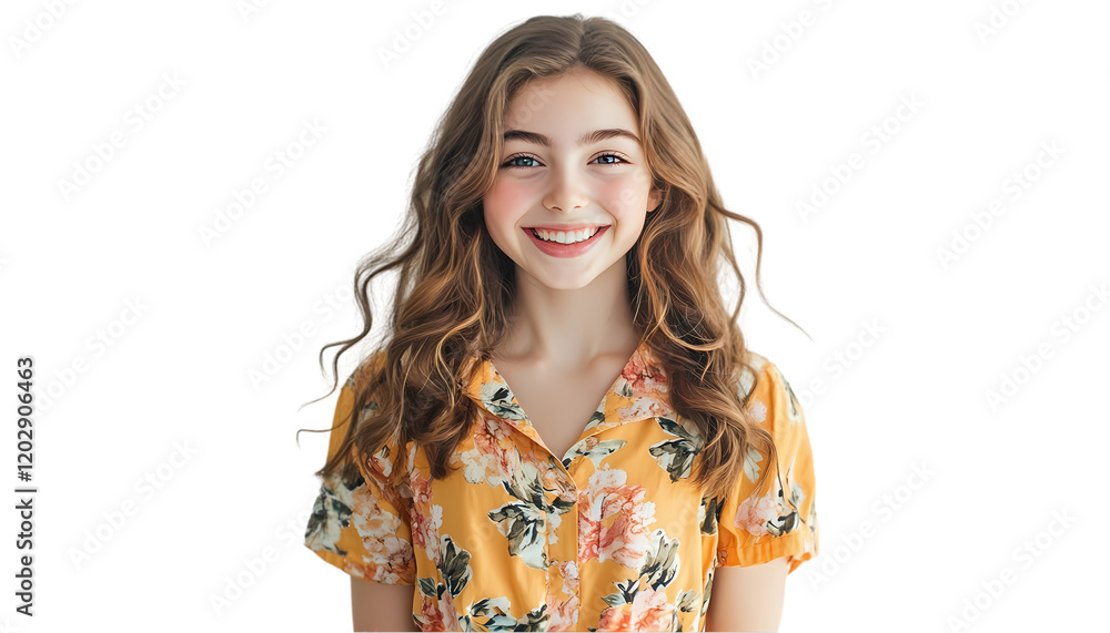 Beautiful Smiling Girl Portrait Yellow Floral Dress Happy Teenager Fashion Model Studio Shot cute Beautiful Smiling Girl Portrait Yellow Floral Dress Happy Teenager Fashion Model Studio Shot cute