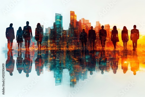 A diverse group of business professionals walking towards the future, blending into a futuristic city skyline with a double exposure effect and a 2D water car, symbolizing leadership, ambition