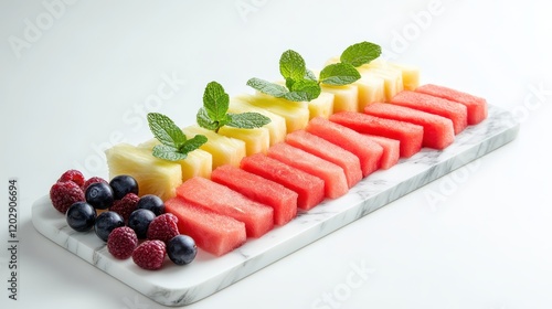 Fresh Pineapple Watermelon Berries Arranged on Marble Board photo