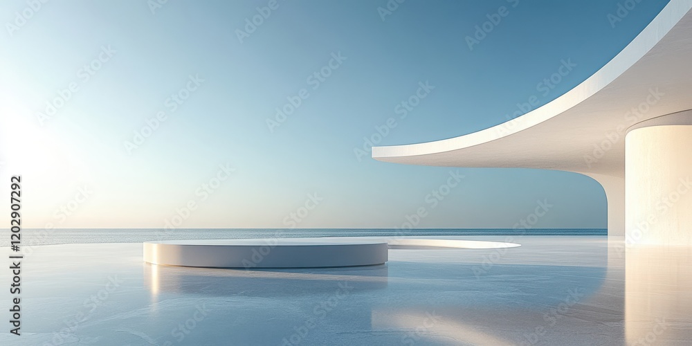 Serene Coastal Landscape Featuring Modern Architectural Curves and Expansive Water Views Under Clear Blue Skies Reflecting Soft Light at Dusk Serene Coastal Landscape Featuring Modern Architectural Curves and Expansive Water Views Under Clear Blue Skies Reflecting Soft Light at Dusk