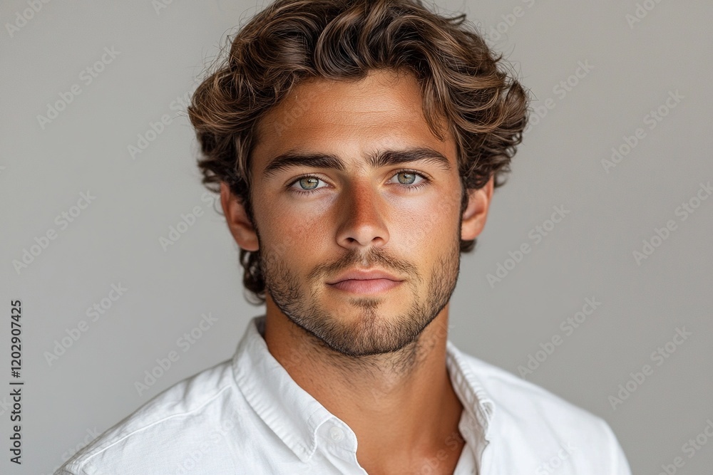 Portrait of a young man with curly hair and a confident expression. Portrait of a young man with curly hair and a confident expression.