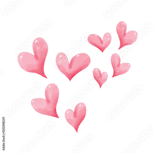 Pink watercolor painted vector flying hearts spring