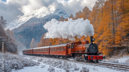 Majestic Steam Train Journey Through a Snowy Autumn Landscape