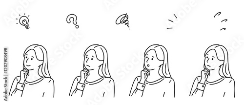 顎に手を当てているいろいろな表情の女性＿線画