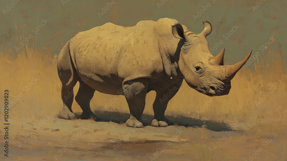 Obraz premium A rhino is standing in a field of dry grass