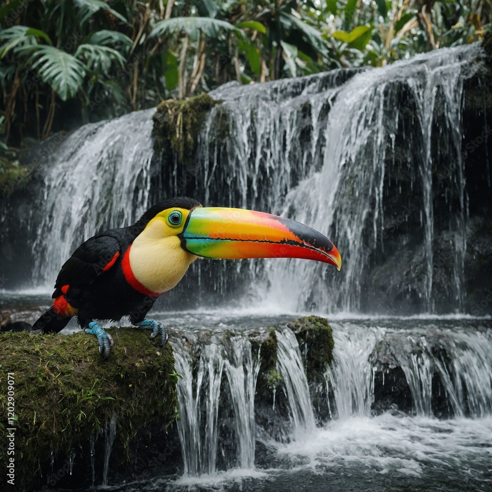 Obraz premium A brightly colored toucan perching next to a waterfall.
