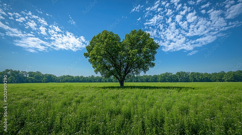 Obraz premium Heart-shaped tree in green field, forest background, sunny sky, for eco projects