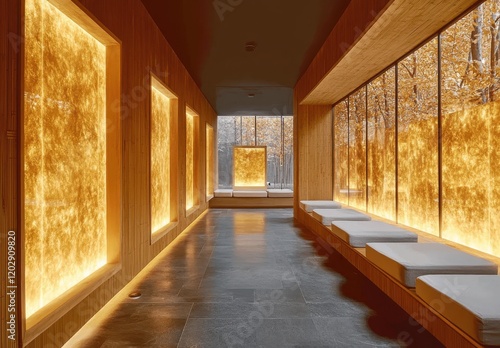 Serene Wellness Retreat with Golden Light Panels and Natural Wood Accents, Inviting Space for Relaxation and Meditation in a Calming Atmosphere photo