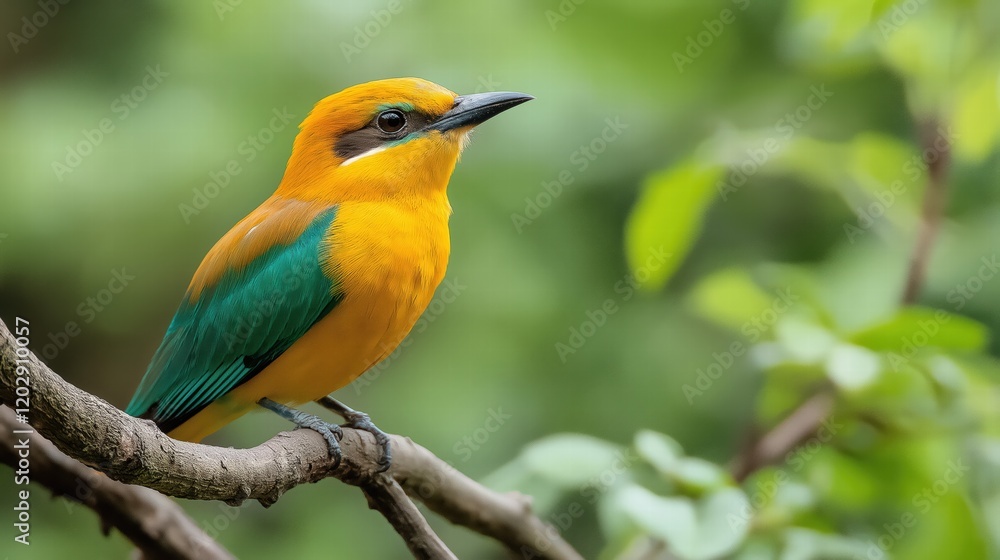 Fototapeta premium A bird with green and yellow feathers is perched on a branch