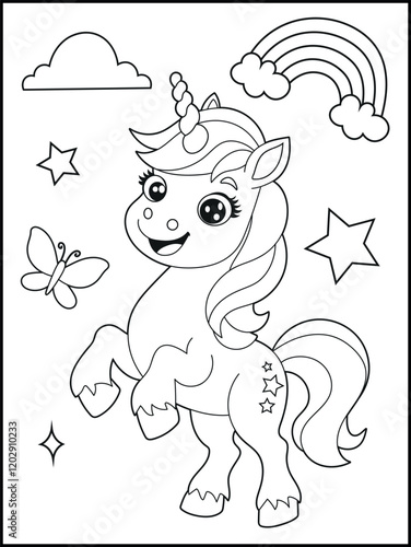 Illustration of a cute baby unicorn cartoon character. Black and white Printable Unicorn coloring page for kids.