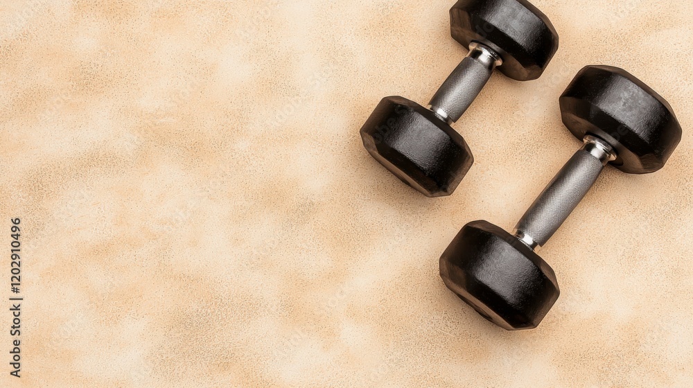 Black Dumbbells on Beige Background for Fitness and Gym Activities Black Dumbbells on Beige Background for Fitness and Gym Activities