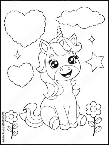 Illustration of a cute baby unicorn cartoon character. Black and white Printable Unicorn coloring page for kids.
