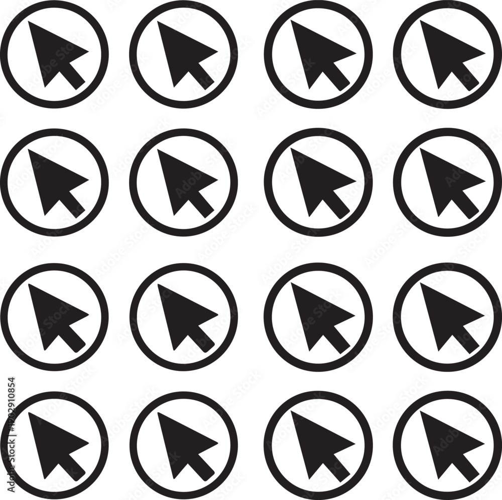 set of silhouette icons of a simple cursor on a circle. vector design. set of silhouette icons of a simple cursor on a circle. vector design.