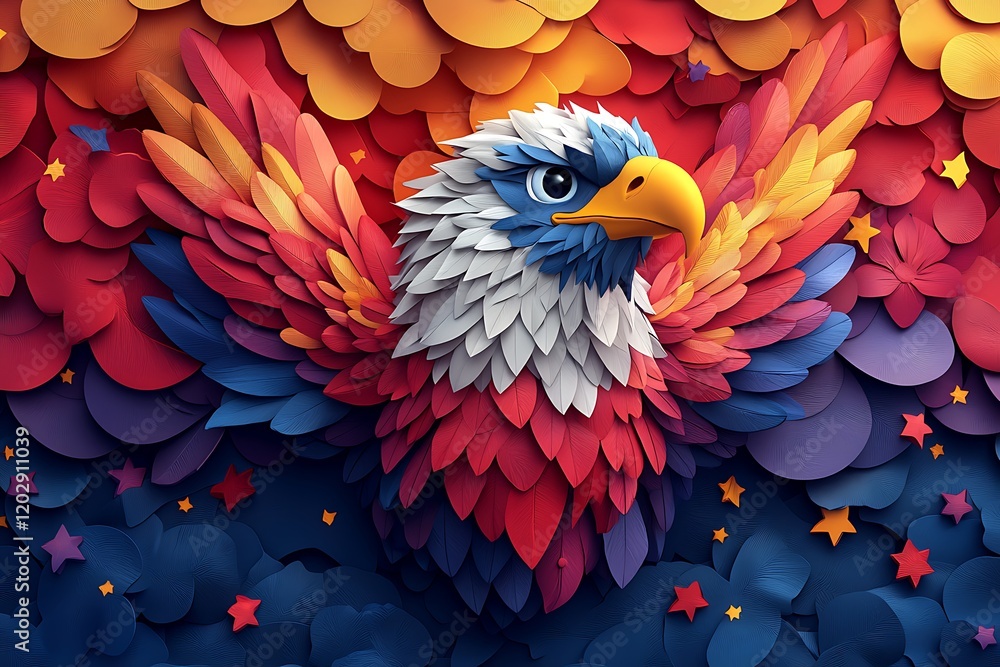 Obraz premium Vibrant Eagle Paper Art Colorful Feathers Design red bird blue bold white stars vivid