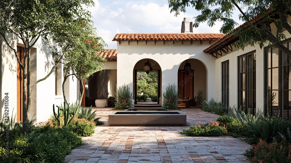 Mediterranean Courtyard with Fountain and Lush Greenery Mediterranean Courtyard with Fountain and Lush Greenery