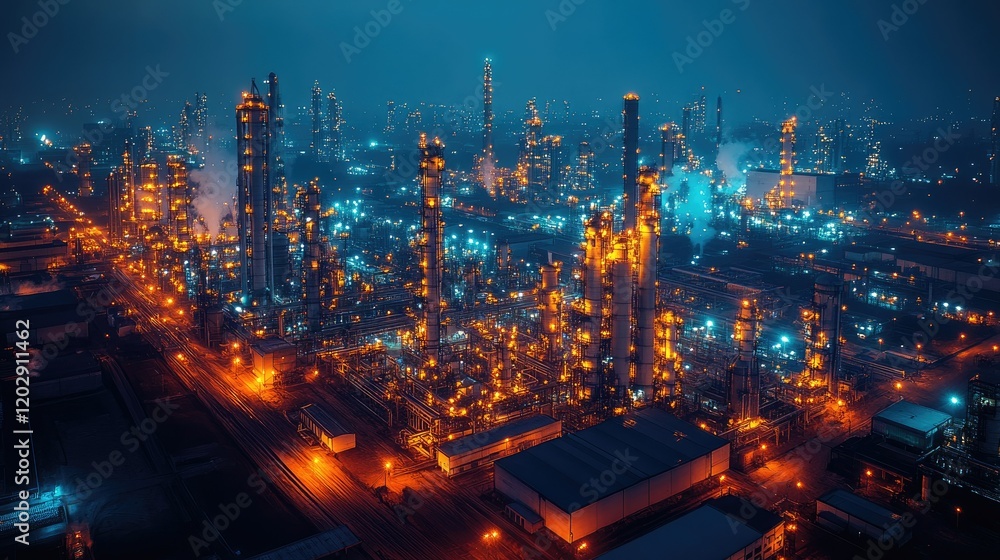 Fototapeta premium Aerial view of an illuminated industrial complex at night, showcasing towering structures and vibrant lights.