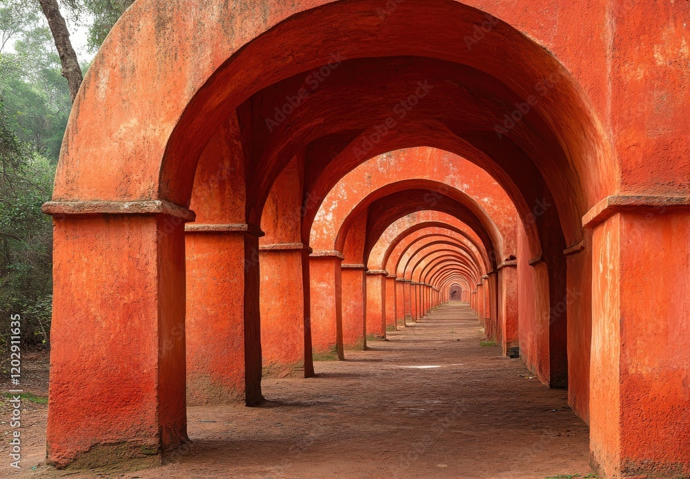 Fototapeta premium Stunning Architectural Arches of an Ancient Structure Surrounded by Lush Greenery, Creating a Unique Perspective and Vibrant Visual Depth in an Outdoor Setting