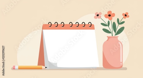 Wallpaper Mural A flat illustration of a calendar and a pencil and a vase with flowers are placed beside it Torontodigital.ca