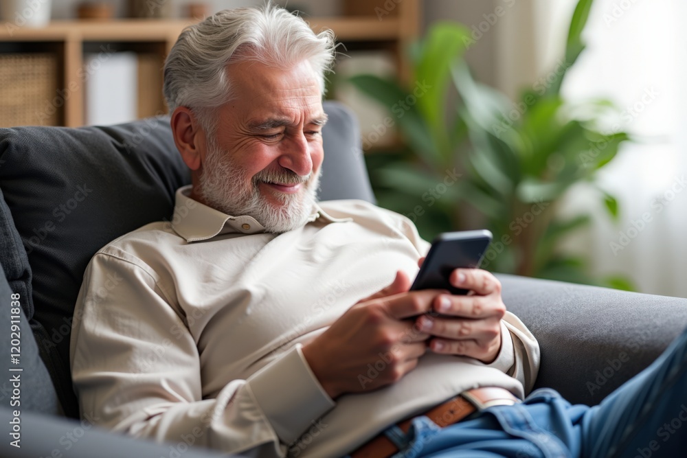 Smiling Senior Man Texting on Smartphone While Relaxing on Couch in Cozy Living Room with Green Plants and Natural Light Smiling Senior Man Texting on Smartphone While Relaxing on Couch in Cozy Living Room with Green Plants and Natural Light