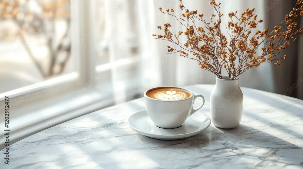 Latte art coffee by sunny window with dried flowers Latte art coffee by sunny window with dried flowers