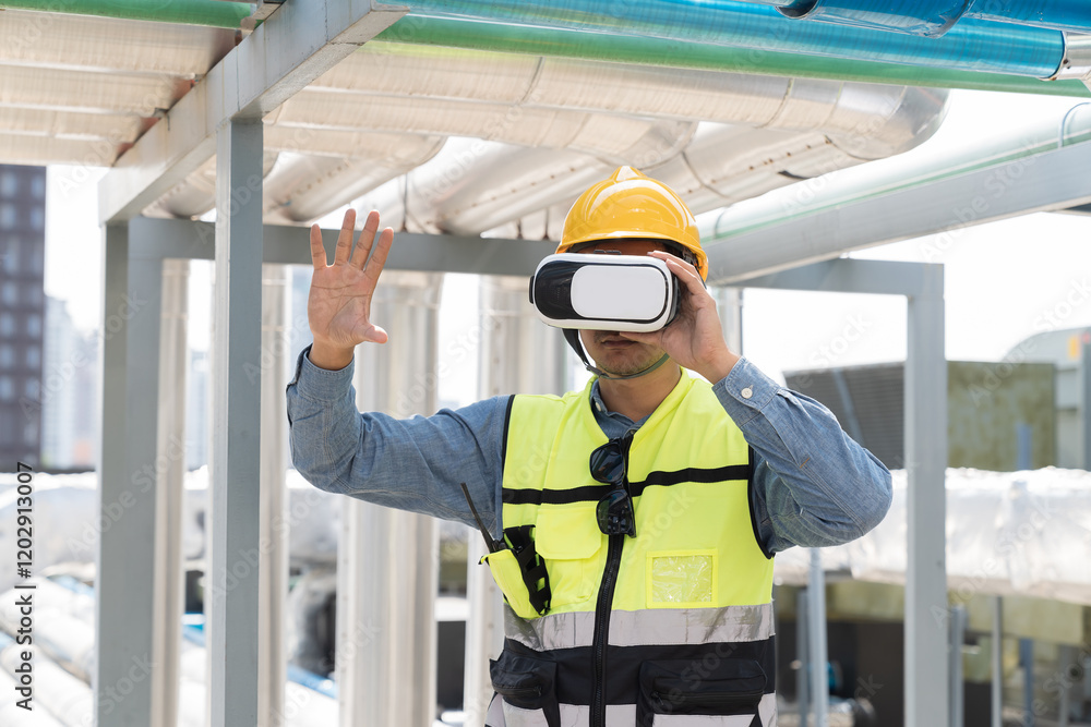 Male engineer using virtual reality headset at construction site. Male plumber wearing virtual reality headset for inspecting water pipes network system Male engineer using virtual reality headset at construction site. Male plumber wearing virtual reality headset for inspecting water pipes network system