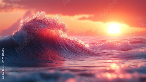Vibrant sunset over ocean waves with dramatic colors and serene atmosphere, ideal for relaxation themes